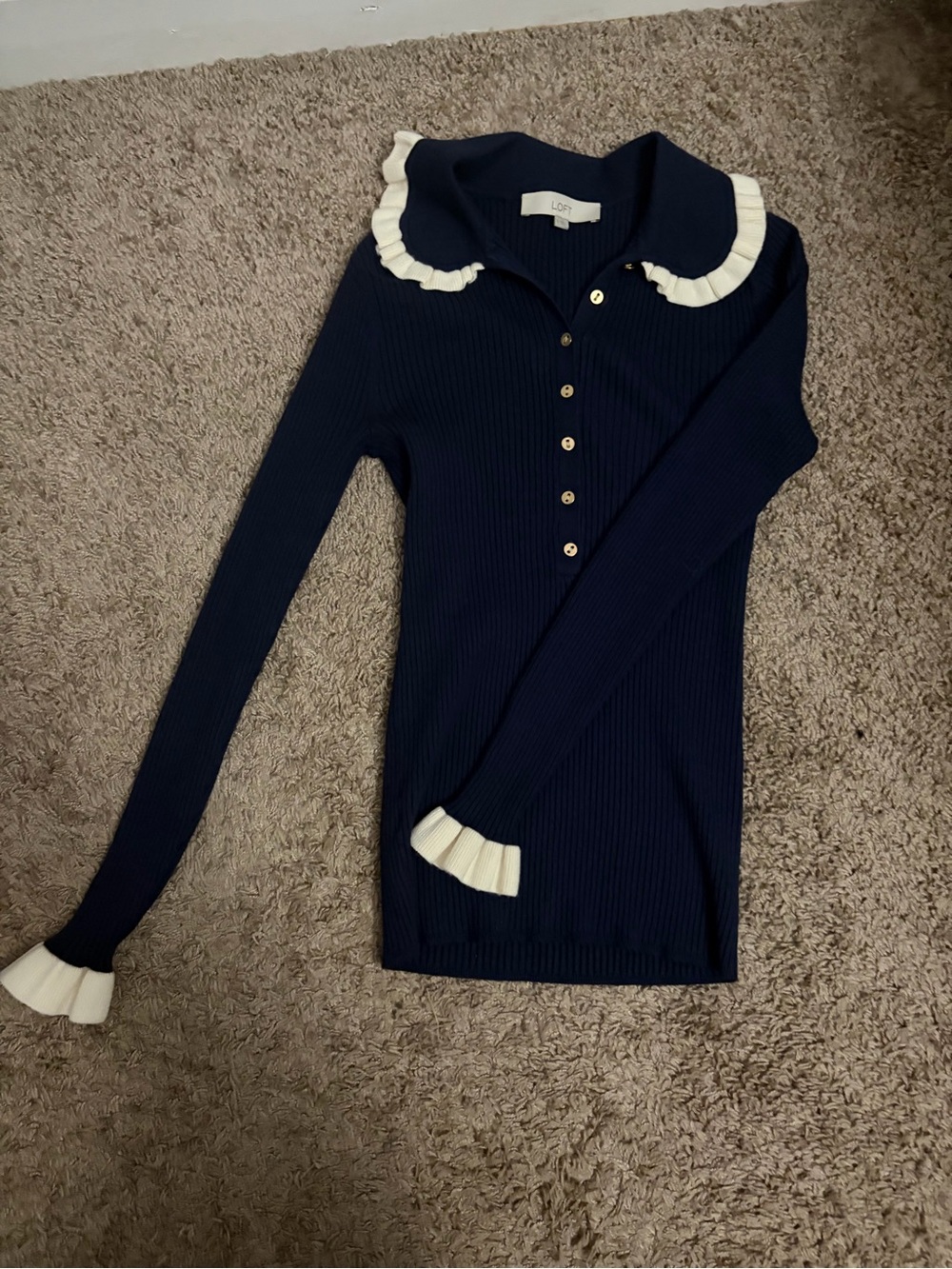 LOFT Navy Blue Ruffle Trim Knit Polo Sweater Small - Picture 6 of 10
